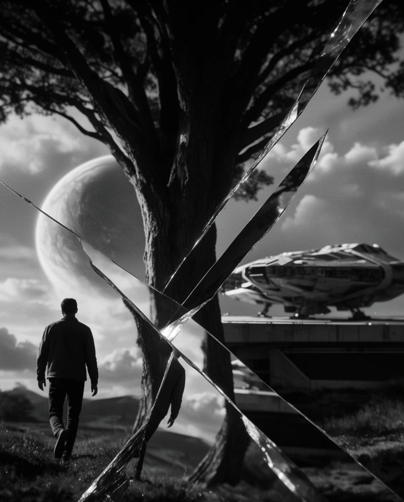 A stark, high-contrast black-and-white photographic composition of a man walking away in the lower left foreground toward a massive central tree, bordered by a large spacecraft on a right-side platform and a giant planet looming in the cloudy left sky. The entire landscape is visually shattered by large, jagged foreground shards slicing diagonally across the frame, creating a fragmented perspective with offset, overlapping reflections of the man, tree, and spacecraft trapped within the angular planes. Intense chiaroscuro lighting carves deep black shadows into the massive tree trunk and the geometric base of the platform, while stark white specular highlights gleam along the razor-sharp boundaries of the intersecting fractures. The monochrome tonal range transitions smoothly from the inky shadows of the overlapping layers to the soft gray gradients of the atmospheric clouds and the massive planetary sphere. A precise, selective depth of field enforces hyper-crisp focus on the foreground fracture lines, the man, and the tactile textures of the central tree, while gently softening the distant planet and spacecraft, all unified by a dense, classic photographic film grain.