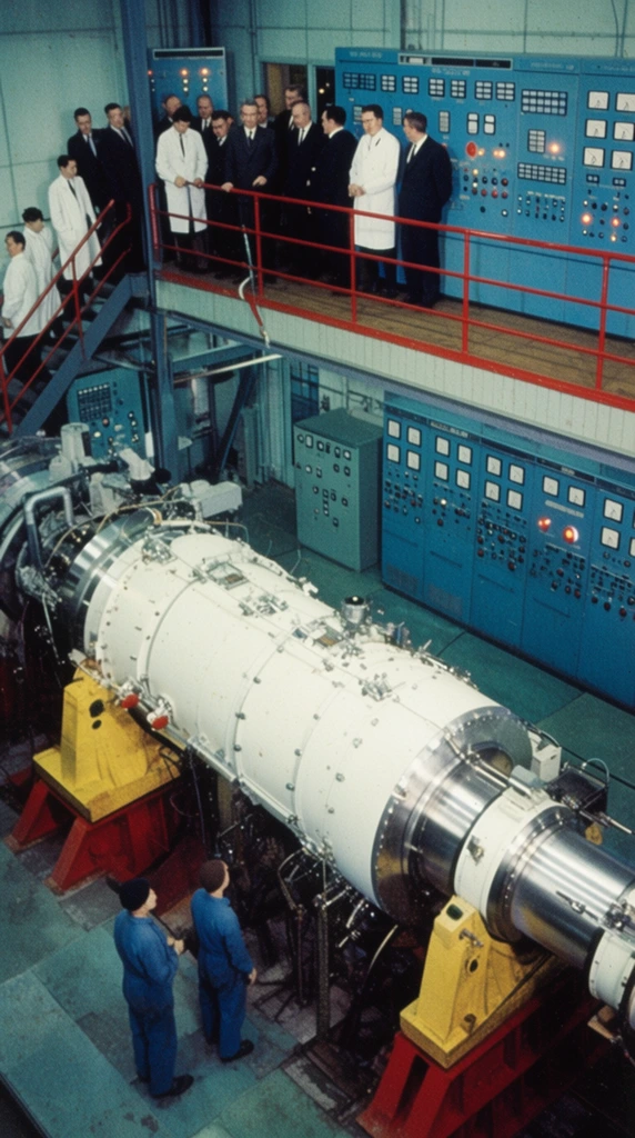 A high-angle view captures a multi-level industrial facility centered around a massive cylindrical scientific apparatus. The white and silver machine dominates the lower level, resting on heavy yellow and red supports next to two workers in blue coveralls. A red-railed balcony overlooks the floor, housing expansive blue analog control panels with illuminated indicators. Personnel, predominantly men in dark business suits alongside a few in white lab coats, gather on the upper deck observing the machine, while others ascend a metal staircase on the left. The vintage mid-century photograph features a grainy film texture, flat diffused industrial lighting, and a cool color palette of teal and steel punctuated by vibrant primary colors.