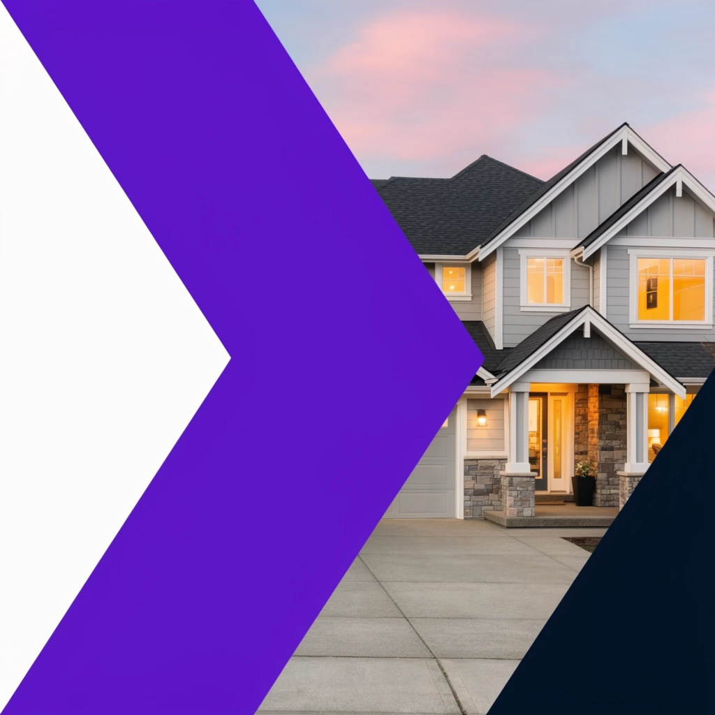 stark geometric graphic layout overlapping twilight real estate photography, large solid purple chevron dominating the left half pointing right, modern two-story suburban house, dark grey pitched roof, light grey siding, bright warm yellow light glowing from windows, white trim, stone accents, concrete driveway, soft pink and blue twilight sky, flat white negative space on the left, solid dark navy polygon in the bottom right corner, sharp clean vector shapes contrasting with realistic photography