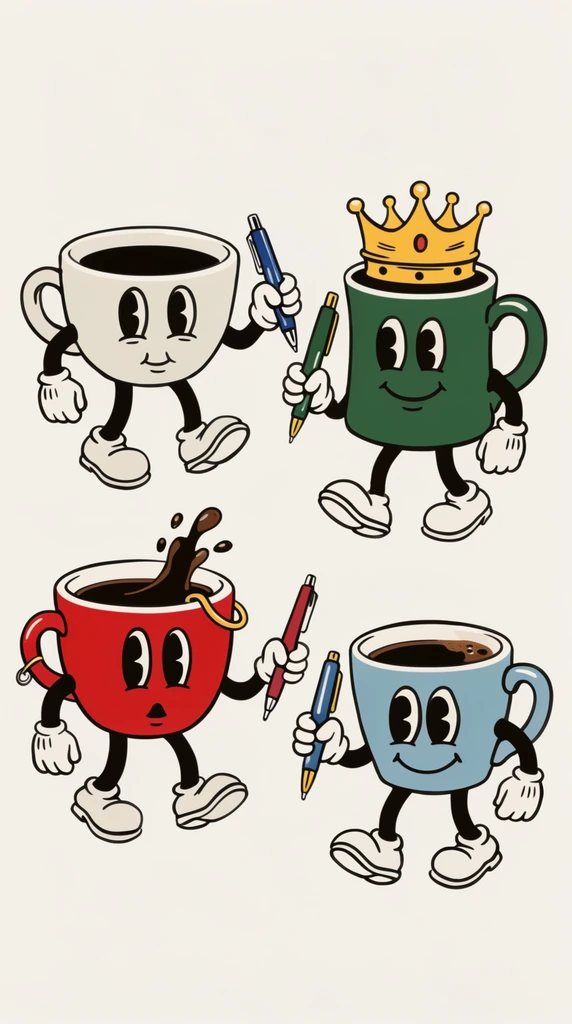 Vintage rubber hose illustration, four anthropomorphic coffee cups battling, thin black limbs, white gloves, holding pens, crowned green mug, pierced red cup spilling liquid, off-white background