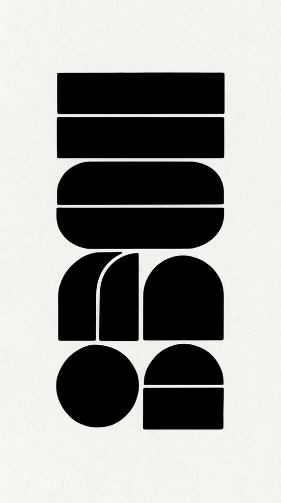 thick black geometric shapes, stacked rectangular and curved forms, grid arrangement, stark monochrome, off-white textured paper background