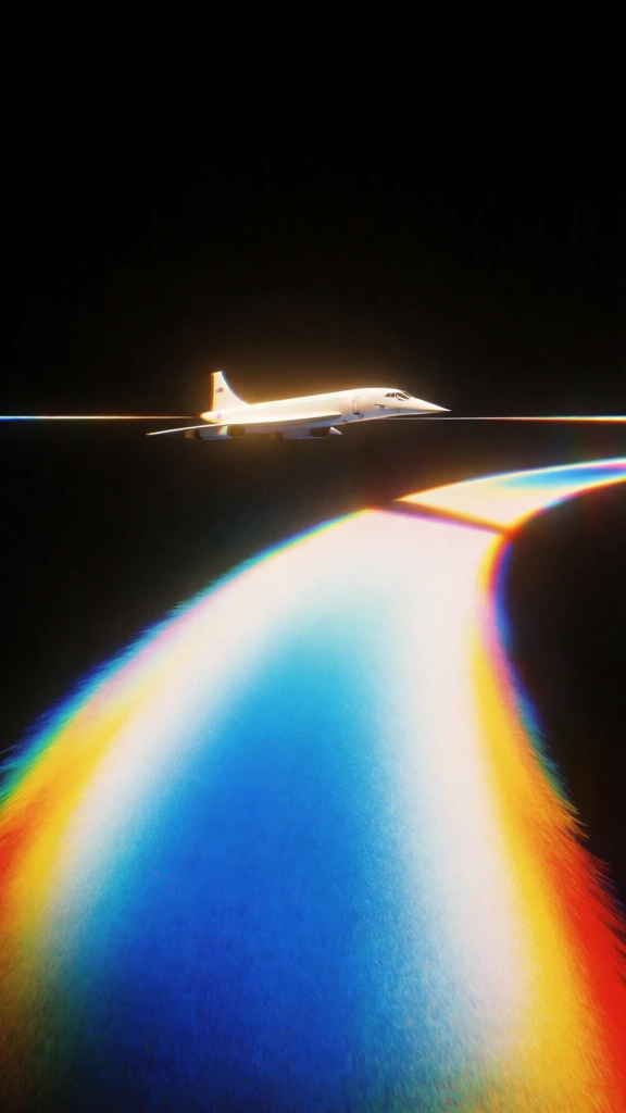 A sleek, white supersonic jet glides above a vibrant, curving trail of light against a deep black void. The aircraft, resembling a Concorde, is positioned in the upper mid-ground, angled toward the right and emitting a brilliant golden-white glow along its fuselage. A thin, straight horizontal line of light bisects the frame behind the jet, extending toward both edges. Dominating the lower half of the composition is a wide, luminous path that arcs from the bottom center toward the middle, featuring a soft, blurred texture. This broad trail displays a prismatic gradient, with a saturated blue and white core that transitions into bright yellow, orange, and red at its fringed edges. The entire scene is set against an absolute black background, focusing all attention on the glowing subjects. The artistic style is retro-futuristic and minimalist, characterized by high contrast and a vertical orientation. Heavy chromatic aberration is visible throughout, especially on the light trails, creating a distorted, multi-colored halo effect that suggests high-speed motion. The lighting is entirely self-contained within the jet and its trails, with no external light sources or environmental details present.