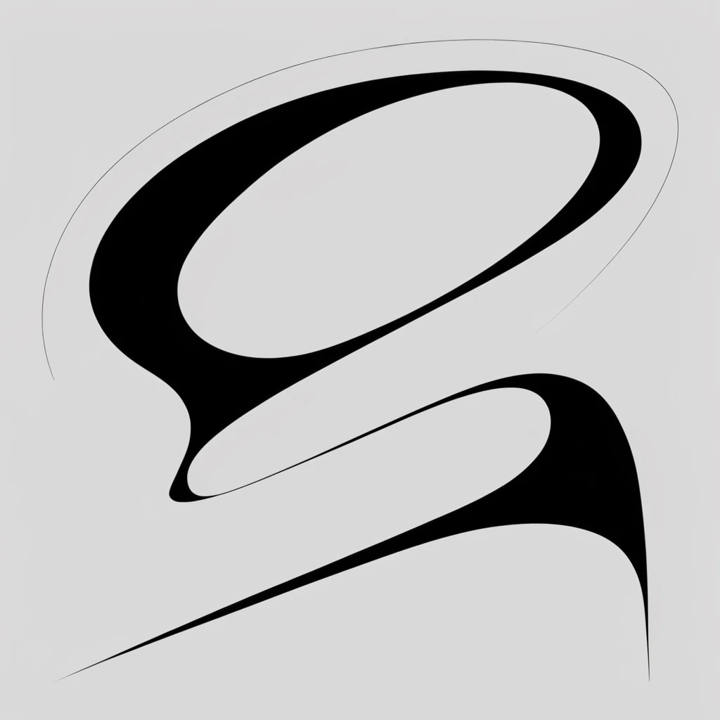 Abstract sinuous black shape, thick sweeping curves tapering into razor-thin lines, sharp pointed terminals, delicate hairline outline extending around the upper loop, flat light grey background, elegant minimalist vector graphic