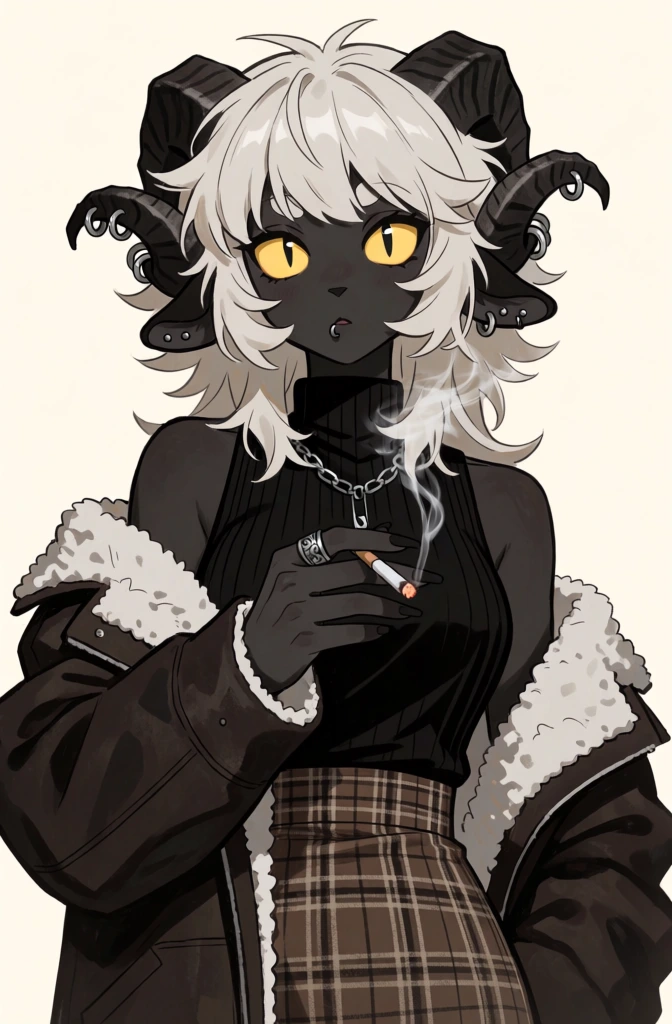 A digital illustration features a waist-up portrait of an anthropomorphic woman with dark charcoal-toned skin and ram-like features, holding a smoking cigarette against a solid cream background. The character has voluminous, messy off-white hair with thick bangs that frame her face, and her large, cat-like eyes are a bright, solid yellow with vertical slitted pupils. Two large, dark gray ridged horns curve backwards from her temples, decorated with several small silver hoop piercings along their length. She wears a black ribbed sleeveless turtleneck tucked into a high-waisted brown and beige plaid skirt. Draped loosely off her shoulders is an oversized dark brown jacket lined with white shearling. Her right hand is raised to chest height, holding a lit cigarette between long, slender fingers, with a thin trail of white smoke curling upwards. On her right hand, she wears a thick silver ring with ornate detailing, and her ears and lower lip are adorned with silver studs and hoops. A silver chain with a safety pin pendant hangs around her neck. The artwork is rendered in a clean anime style with sharp line art and soft, subtle shading. The lighting is front-facing and even, casting soft shadows under her chin and hair. The color palette is primarily monochromatic and earthy, consisting of blacks, browns, and whites, making her vibrant yellow eyes the focal point.