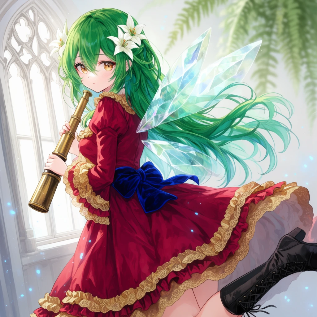 An anime-style girl with flowing emerald green hair, amber eyes, and translucent crystalline wings glances back over her shoulder. White lily clips accent her luminous hair. She wears a crimson Victorian gown with ruffled gold lace trims and a sapphire-blue velvet bow at the waist, clutching a vintage brass telescope against her chest. One leg lifts playfully behind her, showcasing a tall laced black boot. She stands beside a brightly lit arched gothic window with a soft-focus hanging fern in the background. Gentle blue embers drift through the airy scene. High-key diffused lighting creates an ethereal atmosphere highlighting the detailed manga-inspired aesthetic and intricate fabric folds.