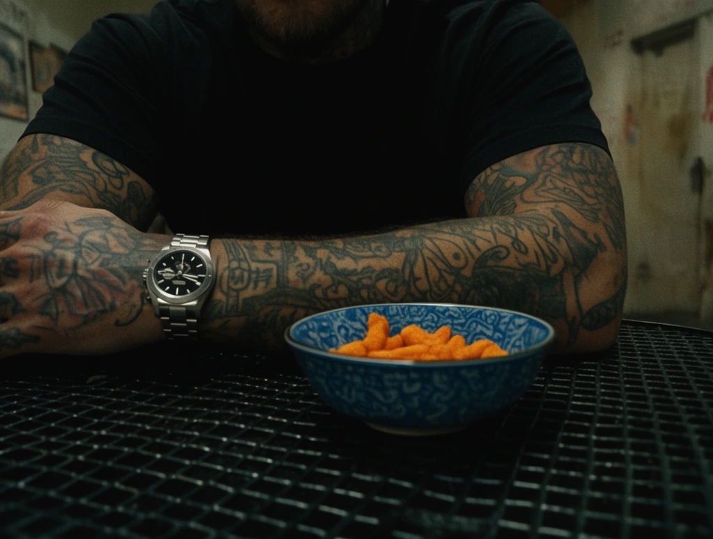 close-up of heavily tattooed arms resting on a black grid table, black t-shirt, silver metal watch, blue patterned ceramic bowl of orange snacks, dim grungy interior, grainy low-light snapshot