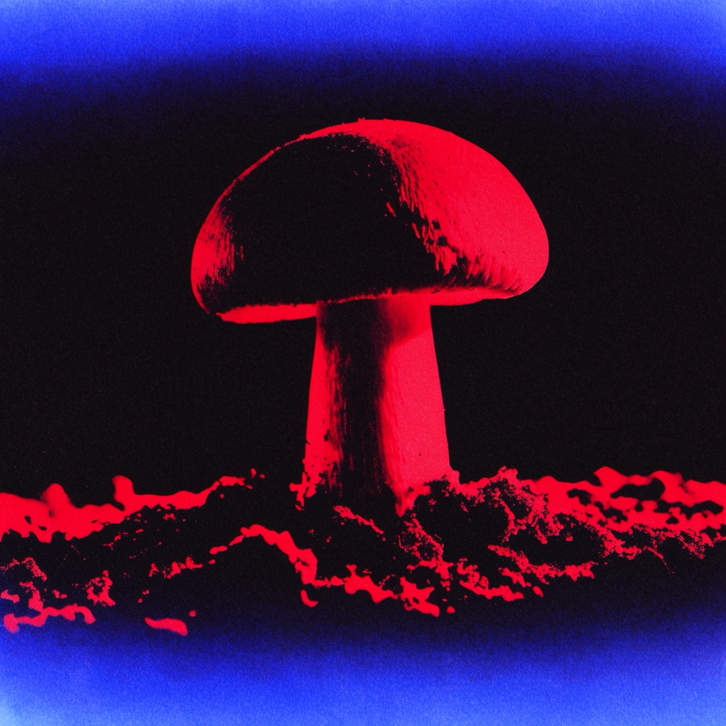 A mushroom growing in the ground emerges from deep shadows, illuminated by harsh neon red highlights against a black and electric blue void. The rounded mushroom cap and upright stalk occupy the center of the composition, their forms strictly defined by stark, posterized saturated crimson and neon red tones that transition abruptly into solid pitch-black shading. Beneath the stalk, the uneven surface of the ground features jagged, high-contrast red edge highlights tracing the granular textures of the soil. The entire visual field exhibits a heavy, gritty film grain and pronounced halftone noise texture, characteristic of a vintage screen print or risograph. The central black background bleeds into vibrant ultramarine and electric blue gradients along the extreme top and bottom margins, enclosing the high-contrast duotone subject in a dramatic, retro-futuristic synthwave atmosphere.