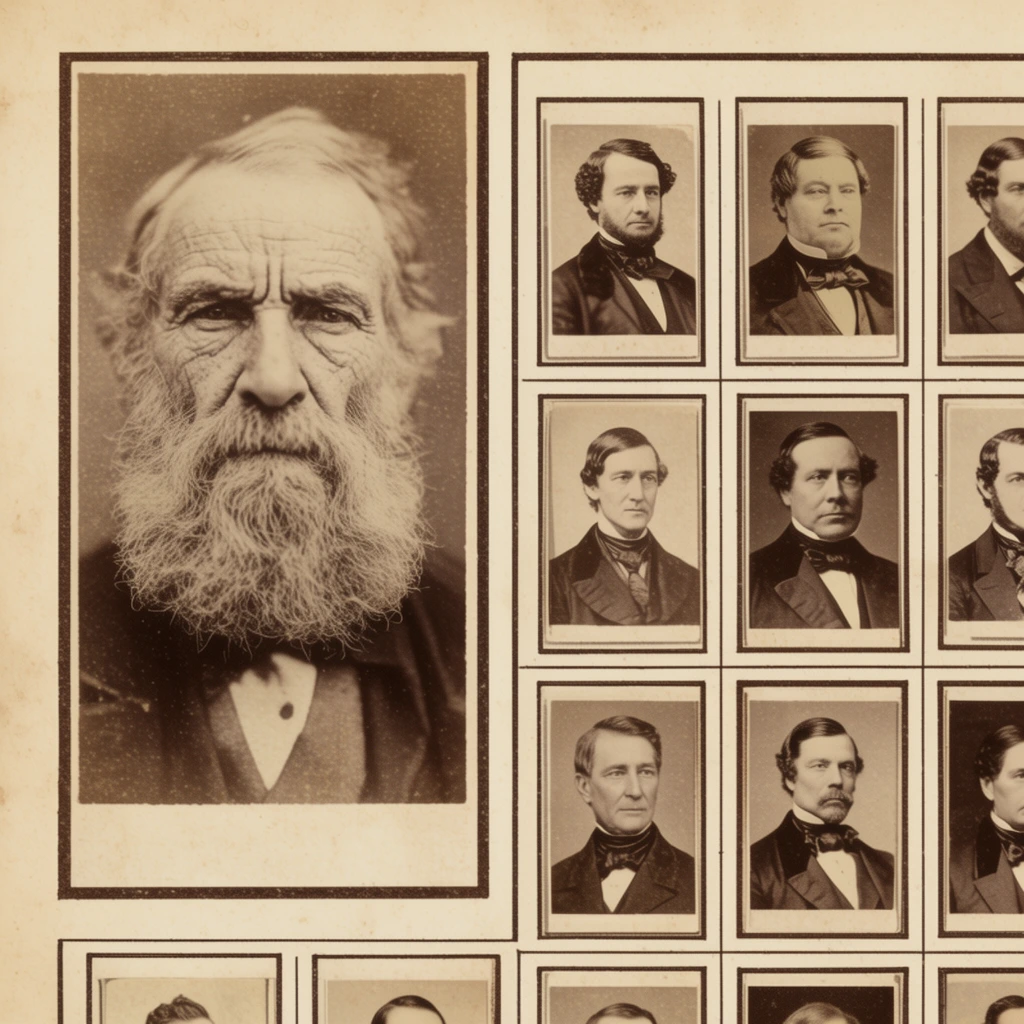 A vintage, sepia-toned paper layout featuring a large, rectangular photographic portrait on the left of an elderly, heavily bearded man with a stern, weathered expression. Adjacent to this dominant portrait on the right is a structured grid of multiple smaller, thumbnail-sized portraits arranged in neat, rectangular boxes. Each small image depicts a different individual wearing Victorian-era formal attire, including cravats and dark suits. Dark, precise geometric borders frame the photographs and divide the space, creating a highly organized, grid-like composition. The elements are printed onto a textured, aged off-white parchment background, resembling a historical 19th-century broadside or archival document.