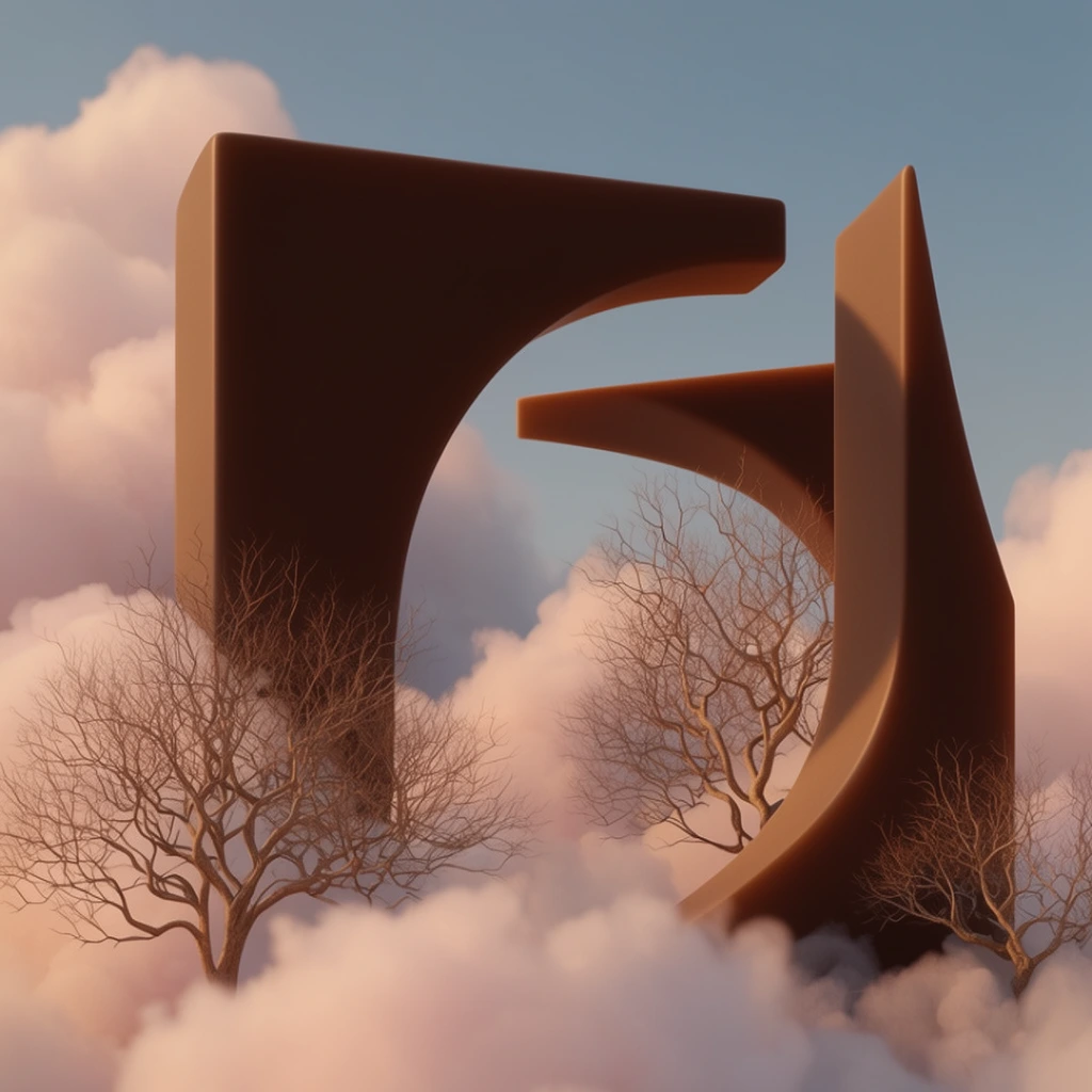 massive abstract brown architectural frames, smooth matte surfaces with curved and sharp geometric angles, intricate bare leafless trees with twisting branches, puffy pinkish-white clouds, muted blue sky, warm golden hour lighting, 3D rendered minimalist landscape, smooth textures, surreal dreamy atmosphere, soft depth of field