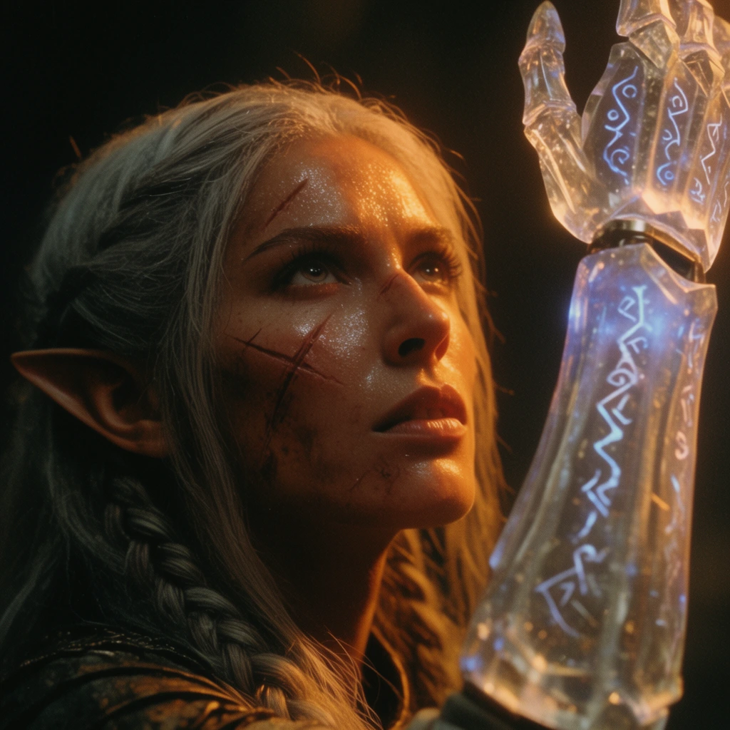 A scarred elven warrior gazes upward with an intense expression, raising an ornate glowing crystalline prosthetic arm into the frame. The woman has long braided silver hair, sharp features marked by fresh combat scratches, and glistening skin illuminated by a dramatic warm cinematic rim light. Her translucent limb features faceted joints and etched runes radiating a faint bioluminescent blue pulse. The tight close-up shot uses a low-angle perspective against a deep shadow background, highlighting the gritty texture of sweat on her complexion. The visual style mimics retro dark fantasy film cinematography with prominent film grain, deep shadows, and high-contrast atmospheric lighting.
