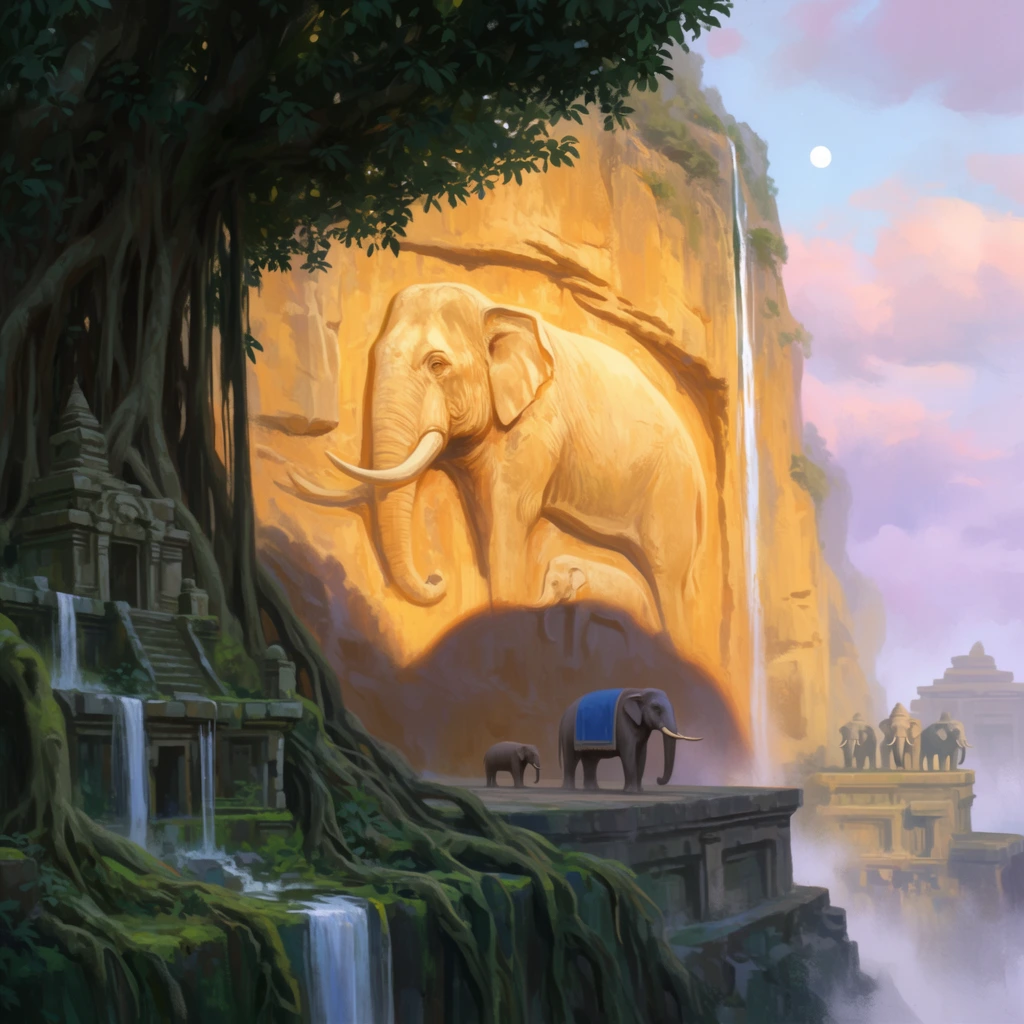 A sweeping digital painting of a fantasy landscape featuring a towering sunlit cliff carved with colossal bas-relief elephants facing left. Below the golden-illuminated rock face, a large elephant with a blue covering and a smaller unadorned elephant stand on a stone terrace, casting a massive shadow. To the left, ancient stone ruins are engulfed by thick sprawling roots of a dark green banyan tree, with small waterfalls cascading down mossy tiers. In the misty background to the right, lower stone structures topped with more elephant statues overlook a foggy gorge, alongside a thin waterfall plunging from the main cliff. A soft sky of pale blue, pink, and purple clouds, featuring a small white moon, completes the scene. The painterly style creates striking contrasts between luminous warm tones and deep, cool shadows.