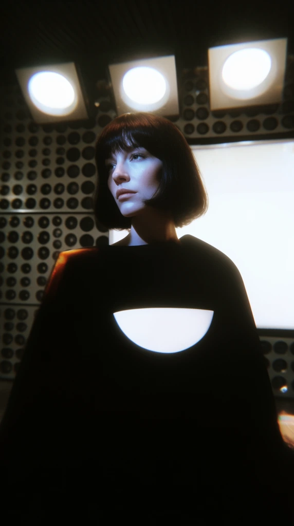 A cinematic, high-contrast portrait of a fair-skinned woman with a dark chin-length bob and straight bangs looking to the left. She wears a voluminous black garment creating a stark graphic silhouette, accented by a glowing white semi-circular shape on her chest. Dramatic chiaroscuro lighting hits her face with a cool bluish-white glow, casting deep shadows on the opposite side. The retro-futuristic background features a wall patterned with a grid of dark recessed circles and three intensely bright circular lights shining from square ceiling fixtures behind her head. A large, glaringly white illuminated panel dominates the right side of the frame, contrasting sharply with her dark attire. Subtle orange chromatic aberration edges her right shoulder.
