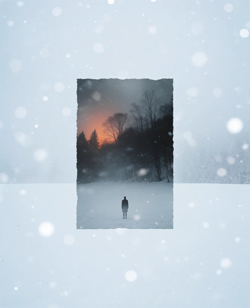 A solitary person stands in a frozen, misty landscape while snow drifts across the scene, with a distant warm glow softening the otherwise blue-gray winter emptiness. Digital matte painting, cinematic concept art, surreal photo-illustration, layered compositing, atmospheric perspective, minimalist composition, melancholy, dreamlike, cold, contemplative, ethereal, medium visual complexity, visually adjacent to Gregory Crewdson, Simon Stålenhag, Caspar David Friedrich-inspired mood, desaturated icy blues, slate gray, pale white, muted teal, faint amber-orange highlight, low-saturation palette, soft diffuse lighting, low contrast with a gentle warm focal contrast, fog bloom, snow particle overlay, no visible hard shadows, shallow haze, slight vignette effect through the central framing, no obvious camera metadata, painterly blur and texture, soft-edged rectangular inset image within a larger pale snowy field. The entire image is dominated by a light gray-blue snowy background, almost blank except for scattered white specks and soft flakes floating at different apparent depths. Centered in the frame is a large vertical rectangle, slightly darker and more detailed than the surrounding field, as if a window into another place. Inside this rectangle, the upper half contains a dark mass of winter trees and brush rising from left-center to upper right, their tops dissolving into dense fog. Along the midline, behind the trees and mist, a muted orange-pink glow spreads horizontally from center-left toward center-right, suggesting firelight, sunset, or distant illumination hidden by weather. The lower half shows an icy or wet road, riverbank, or frozen path stretching inward. Near the bottom center, slightly left of exact center, stands a lone human figure in profile facing right: likely an adult, average height and build, dark hair, head bowed slightly, wearing a long dark coat with a raised collar or hood, hands down by their sides, posture subdued and introspective. Snow-covered vegetation crowds the lower left inside the rectangle, while on the lower right edge, faint frosted plants and brush emerge from mist. The bottom edge of the inset image breaks apart into painterly, splash-like textures, especially at left and right, blending the inner scene into the pale outer snowfield.