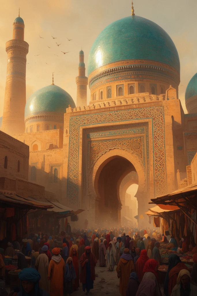 bustling ancient marketplace at golden hour, massive sand-colored architecture, central archway, large turquoise domes, slender minarets, intricate geometric tilework reflecting warm sunlight, dense crowd in vibrant robes, shaded market stalls, dusty atmosphere, birds in hazy sky, cinematic digital painting