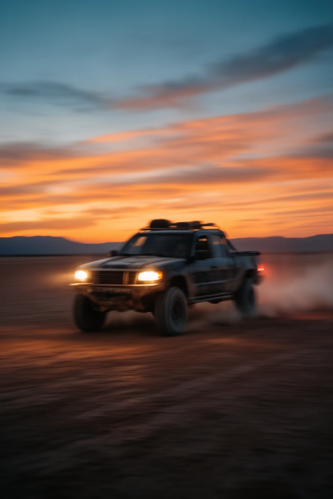dark off-road truck speeding across a desert flat at dusk, glowing headlights, trailing dust, panning motion blur, orange and blue sunset sky, distant mountains, cinematic photography