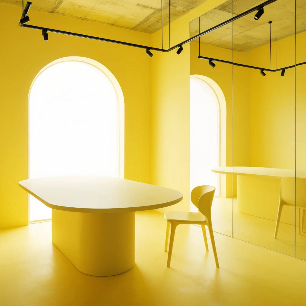 Monochromatic yellow minimalist interior, pale yellow pill-shaped table, single matching modern chair, seamless yellow floor and walls, large arched window emitting bright white light, black suspended track lighting on raw ceiling, vertical glass partition reflecting the scene, high key lighting, contemporary aesthetic, stark color contrast