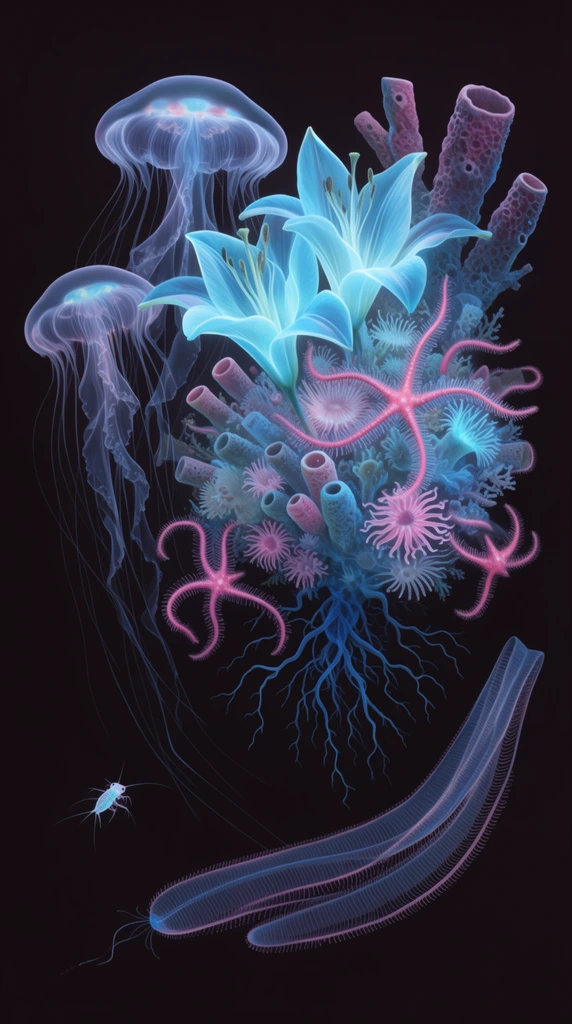 surreal bioluminescent marine bouquet in a black void, glowing cyan lily petals merged with deep-sea anemones and tubular sponges, pink brittle stars intertwined within the floral mass, root-like blue veins dangling beneath, translucent ethereal jellyfish with long flowing tentacles drifting left, elongated ribbon-like siphonophore curving at the bottom, tiny glowing copepod lower left, x-ray aesthetic, surreal scientific illustration, stark high contrast, precise ethereal linework, vibrant cyan and magenta color palette