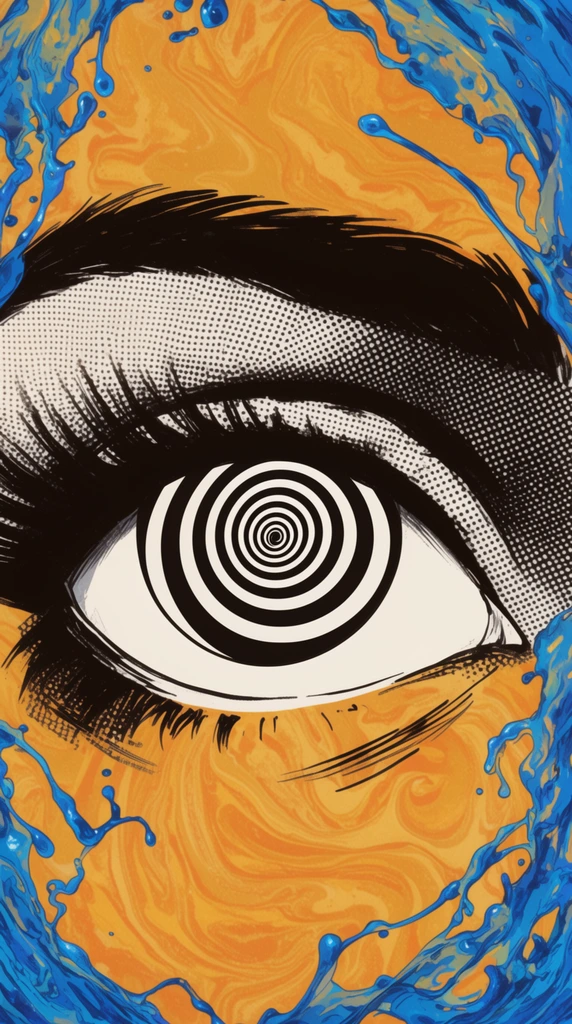 A stylized close-up of a large human eye rendered in a retro comic book illustration technique. The eye features thick sweeping black eyelashes and a heavy eyebrow, shaded with prominent black and white halftone dots. Inside the stark white sclera, the iris is replaced by a mesmerizing black and white hypnotic spiral. Framing the graphic eye is a chaotic border of vibrant blue viscous liquid splashing in dynamic tendrils, contrasting sharply with a swirling marbled background of warm golden-orange hues. The artwork blends heavy-inked pop art aesthetics with surreal psychedelic fluid dynamics.