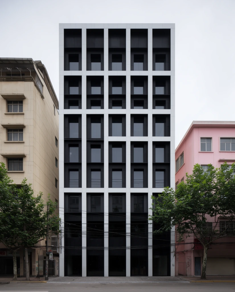 modern building with black and white grid facade, dark recessed windows, flanked by older beige and pink urban buildings, street trees, power lines, straight-on architectural photography, flat perspective