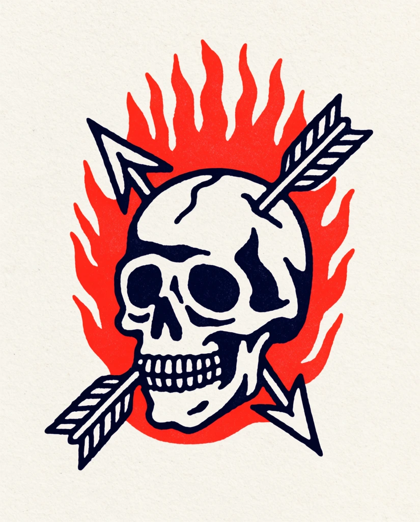 stylized skull pierced by two feathered arrows, engulfed in bright flat red flames, heavy dark navy outlines, bold negative space shading, jagged flame shapes framing the skull, traditional tattoo flash aesthetic, linocut print style, screen printed texture, off-white textured paper background, limited color palette, stippled finish, vintage graphic design