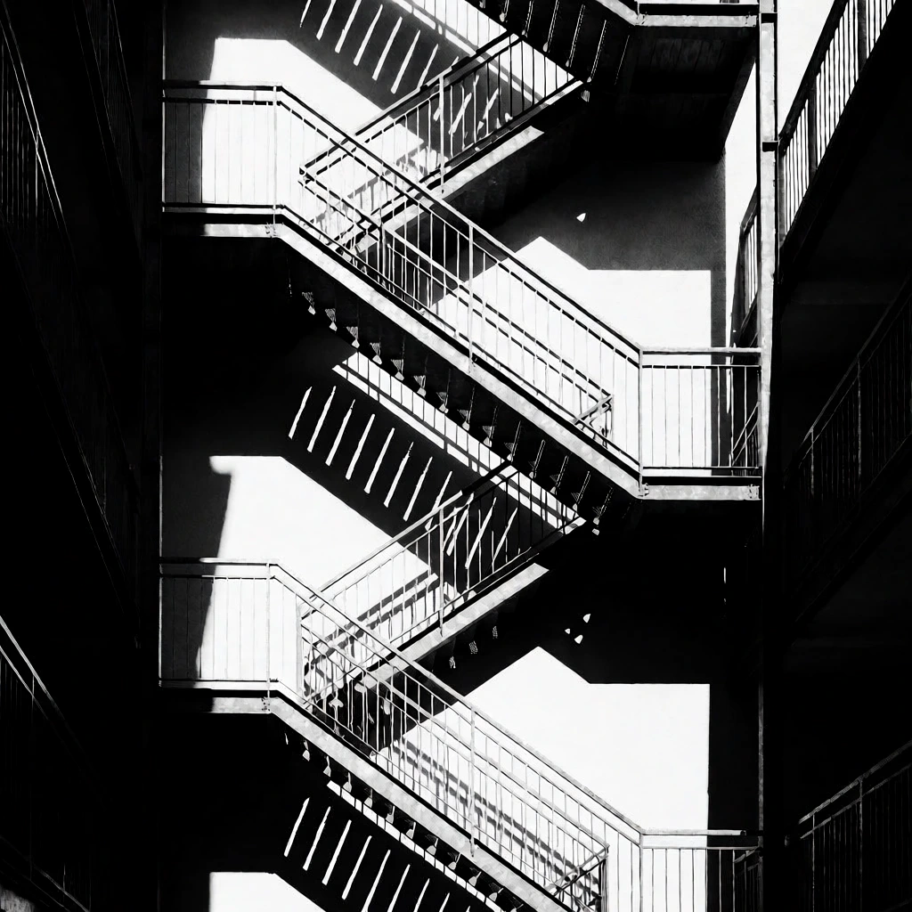 A high-contrast black and white architectural photograph of an exterior metal staircase zigzagging upwards. Sharp, graphic diagonal shadows from the vertical railings and stepped treads are cast against a stark white central wall. Dense black silhouettes of adjacent balconies and structural supports frame the sides, forming an intense, abstract geometric pattern of intersecting lines, harsh angles, and deep negative space that dominates the striking composition.