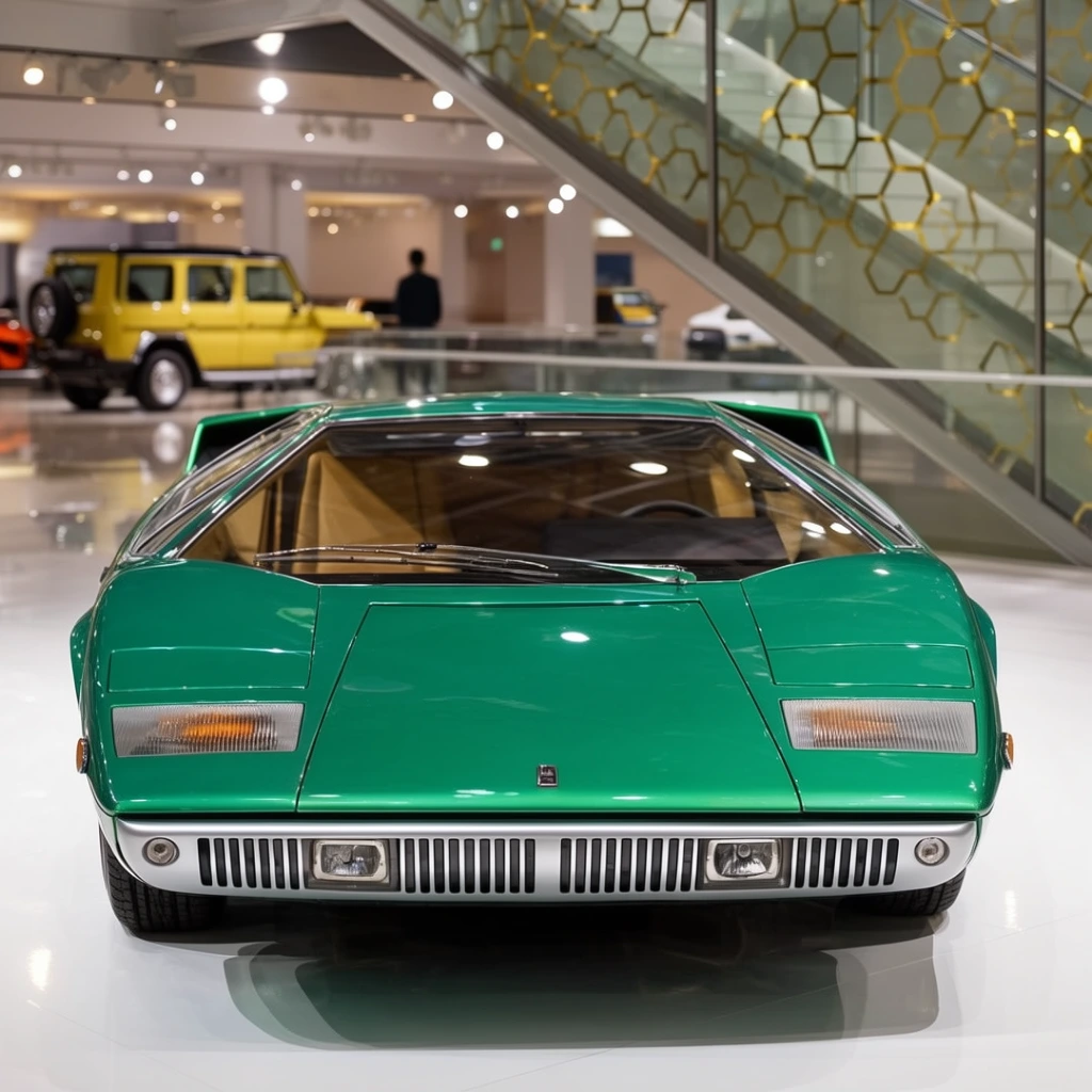 A close-up front view captures a vibrant emerald green vintage wedge-shaped sports car displayed on the glossy white floor of a modern exhibition hall. The vehicle features striking geometric angles, a flat hood, flush rectangular headlight housings, and a lower silver fascia with vertical slats and integrated fog lights. A sharply raked windshield reflects the ambient overhead track lighting, revealing a tan interior. The softly blurred background encompasses a spacious multi-level showroom containing a yellow boxy vehicle, a distant figure, and a modern staircase featuring glass panels patterned with gold hexagons. The composition emphasizes the glossy, aerodynamic contours of the classic automobile, creating a strong visual contrast against the polished architectural surroundings.