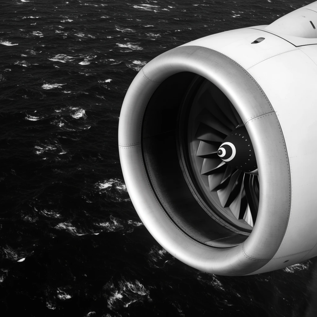 A high-contrast black and white aerial photograph of a large cylindrical jet engine suspended over a dark ocean. Dominating the right side, the bright metallic cowling features precise panel lines, deep-set fan blades, and a central spinner cone with a spiral. The deep black water below is textured with scattered whitecaps, contrasting the smooth, engineered geometry of the aircraft against the organic, chaotic sea surface.