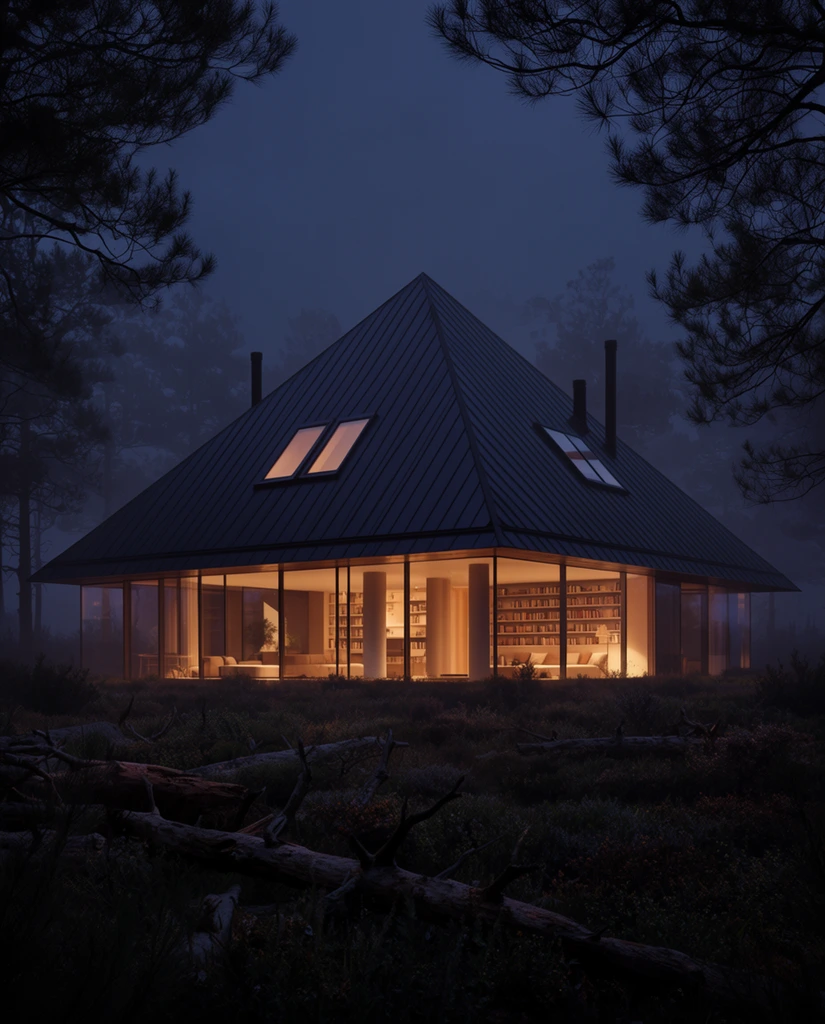 A minimalist architectural home featuring a steeply pitched, oversized pyramidal metal roof stands illuminated in a dense, misty night forest. Warm amber light spills from expansive floor-to-ceiling glass walls, revealing a cozy interior with built-in bookshelves and sleek columns. The dark standing-seam roof integrates two skylights and slim chimneys. This luminous interior creates a striking contrast against the moody indigo twilight environment. Rough brush, scattered deadwood, and shadowy low vegetation fill the foreground, while tall pine branch silhouettes frame the cinematic, photorealistic composition.