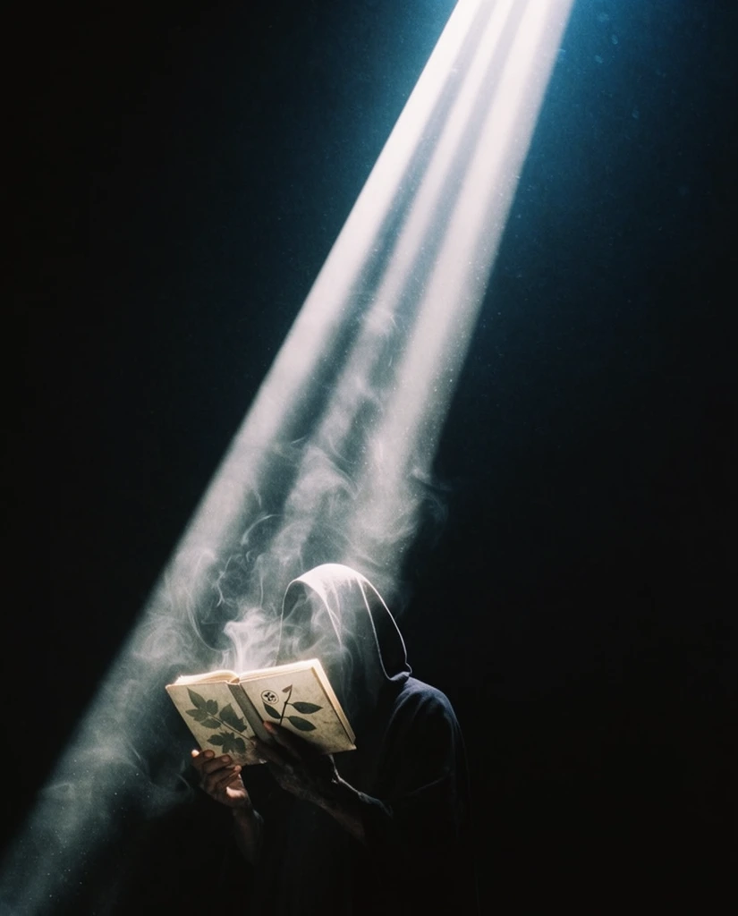 A hooded figure holds an open book displaying leaves and symbols, dramatically illuminated by a single diagonal shaft of intense light cutting through a completely black void. The distinct, stark white volumetric light beams down from the top center, piercing the dense darkness to brilliantly highlight the figure and the textured pages at the bottom center of the frame. Swirling wisps of translucent vapor and hazy airborne particulates rise from the subject, catching the bright glow as they drift upward within the sharp, concentrated boundaries of the diagonal beam. Heavy, deep black shadows engulf the surrounding space, establishing extreme chiaroscuro contrast and vast expanses of dark negative space across the upper and side portions of the composition. Subtle cool cyan and deep blue undertones tint the darkest regions, enhancing the visible photographic film grain and cinematic studio lighting setup.