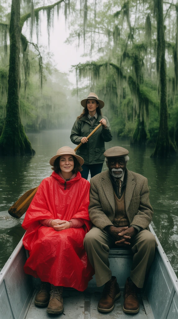 A cinematic shot from the bow of an aluminum punt boat gliding through a misty bayou. A woman in a red poncho and an elderly Black man in a tweed jacket sit in the foreground. Behind them, a female guide stands steering with a paddle. Moss-draped cypress trees border the calm, dark water under soft, overcast daylight, highlighting a serene indie-film aesthetic.