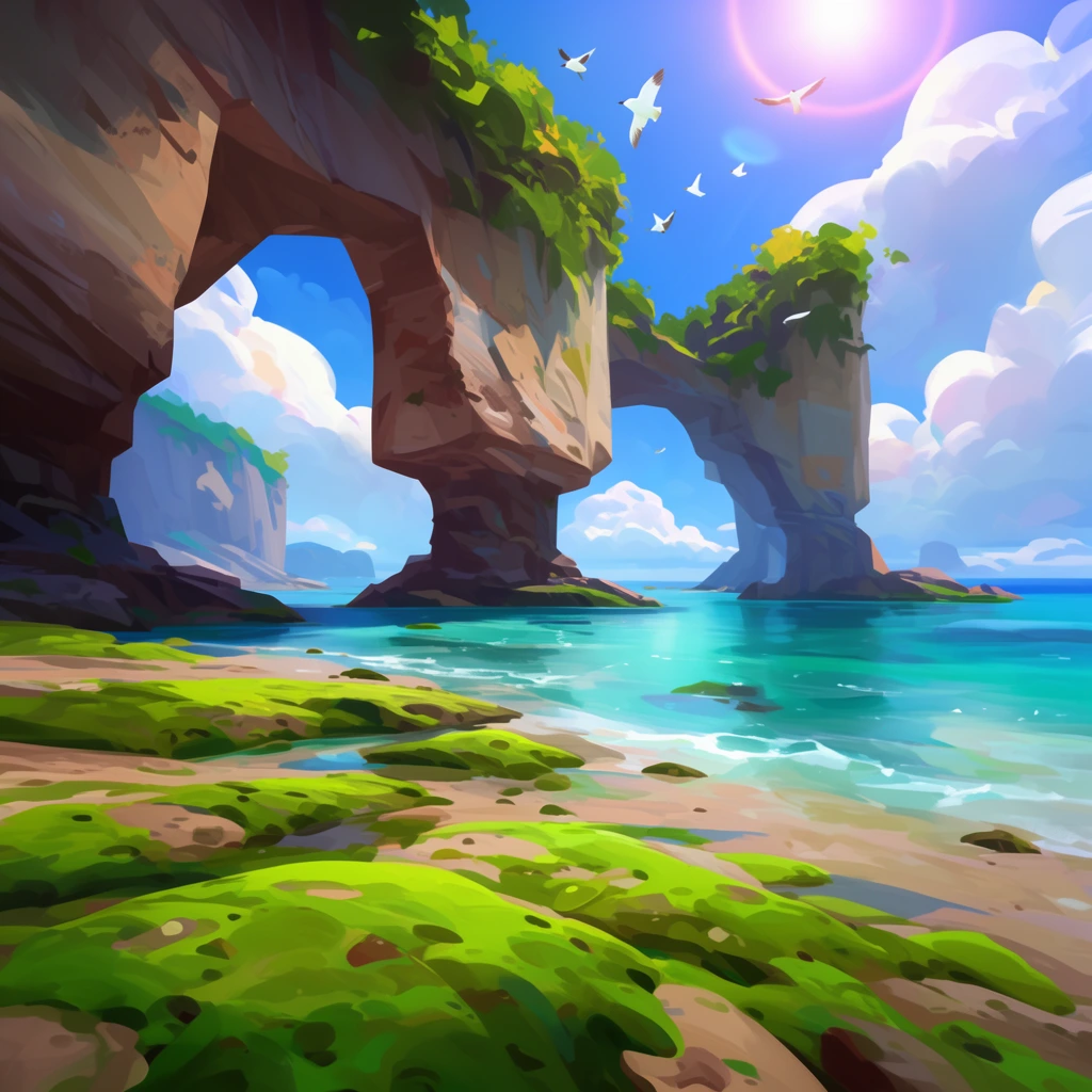 stylized coastal landscape, towering rocky arches, greenery, turquoise water, mossy shore, flying white birds, fluffy clouds, sun flare, vibrant digital painting