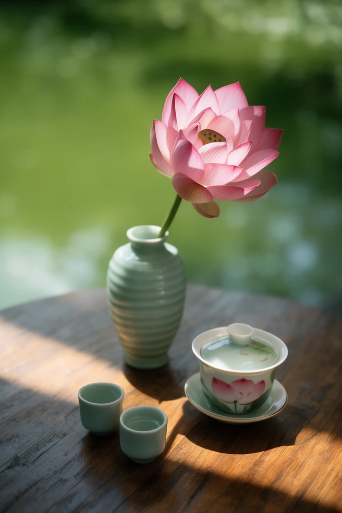 A pink lotus flower in full bloom stands in a ribbed celadon vase on a grained wooden table. Beside it sits a lidded teacup painted with pink petals and two miniature ceramic cups. Angled sunlight casts sharp shadows across the wood. Captured from a high angle with a shallow depth of field, the still life is set against a deeply blurred, luminous green backdrop of a pond, evoking a serene aesthetic.