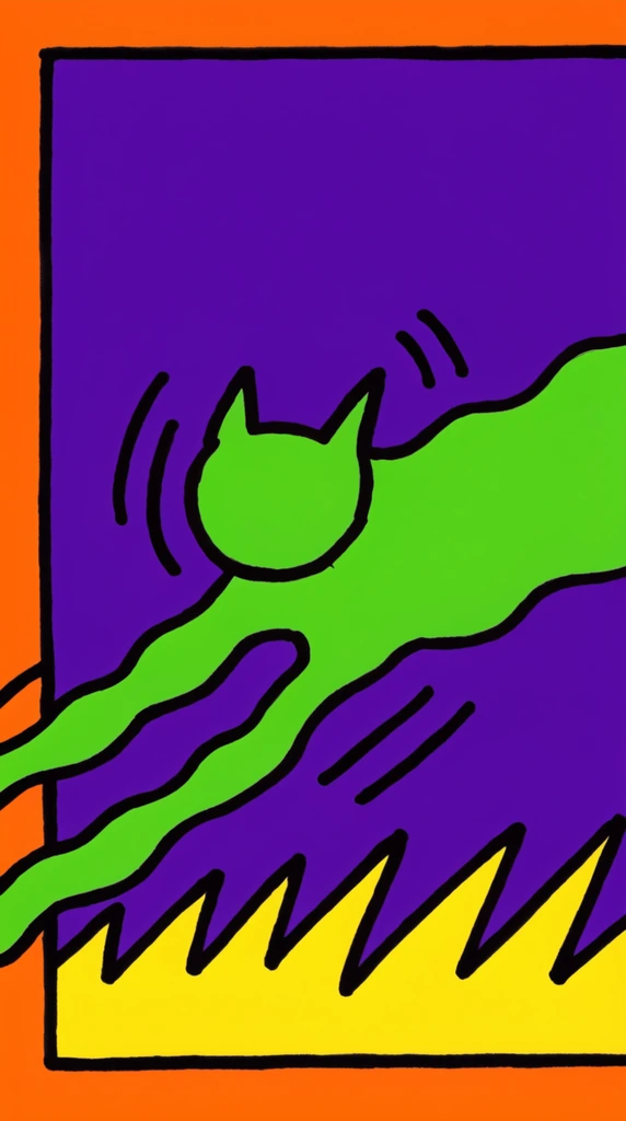A vibrant flat pop-art illustration features a neon green stylized feline figure leaping horizontally across a deep purple background. The abstract cat has elongated wavy limbs and a circular head outlined in thick black lines. Curved black motion lines radiate from the creature around its body. The purple backdrop is framed by a heavy black border against an outer bright orange margin. Below the leaping creature, the ground consists of jagged bright yellow zigzag patterns. The composition uses flat unshaded colors and uniform marker-like outlines, relying on high-contrast neon hues for a striking visual impact.