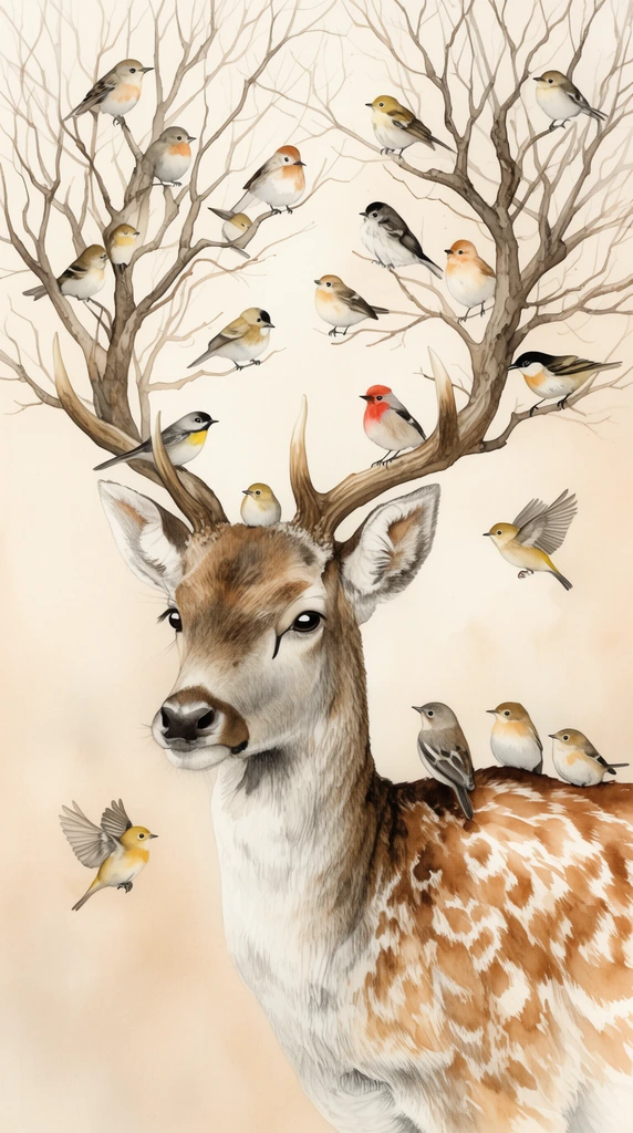 A surreal watercolor portrait of a deer with antlers extending into bare tree branches. Numerous small songbirds perch among the branches, sit on the deer's spotted back, and fly nearby. The artwork is rendered in muted earth tones with delicate linework against a soft beige background.