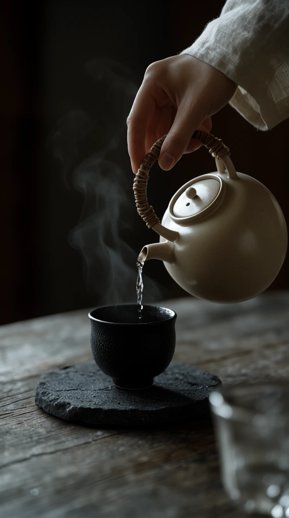 Macro shot of a hand in a light linen sleeve pouring water from a smooth beige ceramic teapot with a woven handle into a textured black teacup. The cup rests on a dark stone coaster on a weathered wooden table. Illuminated steam rises through moody, low-key lighting. Shallow depth of field blurs a foreground glass and the shadowed background.