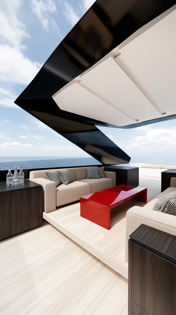 An ultra-modern outdoor yacht lounge bathed in bright daylight. Two beige upholstered sofas with patterned pillows face a glossy red rectangular coffee table on a light wood plank floor. Dark wood-grain cabinetry surrounds the seating, holding three clear glass bottles on the left. The space is sheltered by a striking black angular canopy featuring a recessed white ceiling. This photorealistic architectural rendering uses a wide-angle perspective to capture the sleek geometric lines, high-contrast palette, and expansive views of the blue ocean and partly cloudy sky.