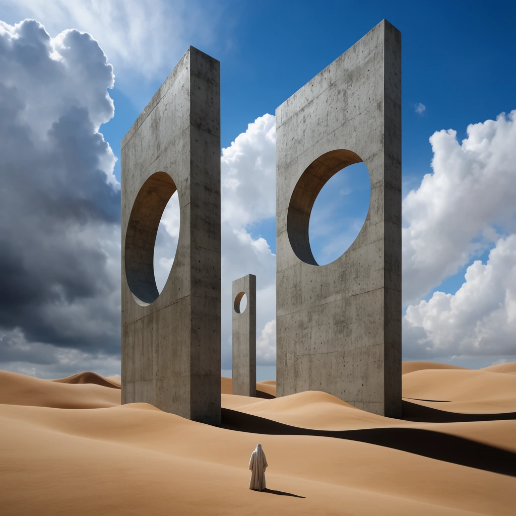 A tiny robed figure stands before colossal brutalist concrete monoliths with circular cutouts rising from smooth desert dunes. Sharp shadows cross the sand beneath a bright blue sky and dramatic clouds, creating a surreal architectural scene of immense scale.