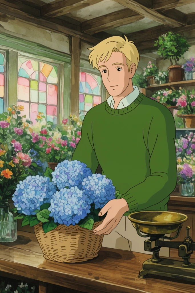 A blonde man in a green sweater stands at a wooden counter in a cozy floral shop, holding a wicker basket of blue hydrangeas next to an antique brass scale. The rustic interior features wooden beams, pastel stained-glass windows, and shelves of plants. Rendered in classic 2D animation with crisp cel-shaded character details and a hand-painted watercolor background, the medium-shot composition uses soft, nostalgic colors and gentle diffused lighting.