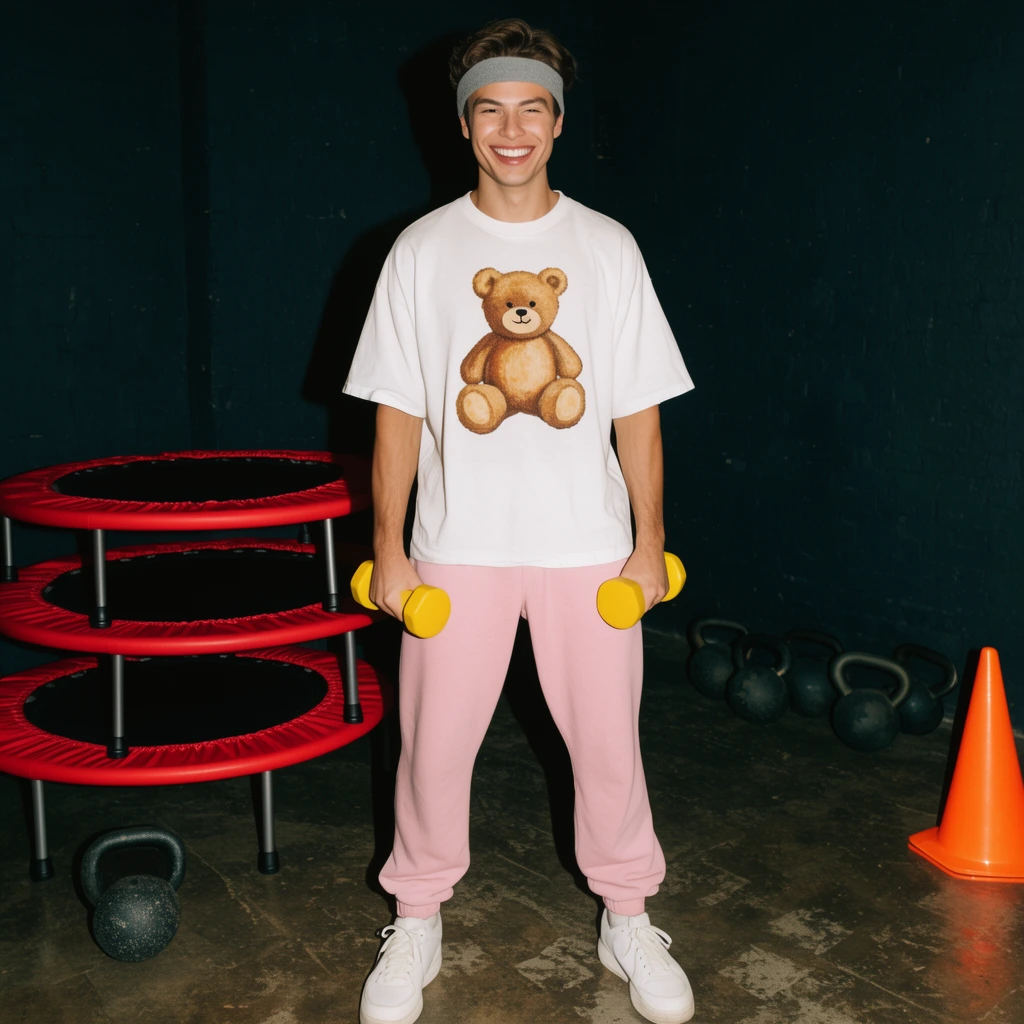 A smiling young man in retro fitness gear poses in a dark gym holding small yellow dumbbells. He wears a grey sweatband, a loose white shirt with a teddy bear graphic, light pink sweatpants, and white sneakers. He stands near stacked red mini-trampolines, scattered weights, and an orange cone. Harsh flash photography creates deep shadows and vibrant colors in an 80s editorial style.