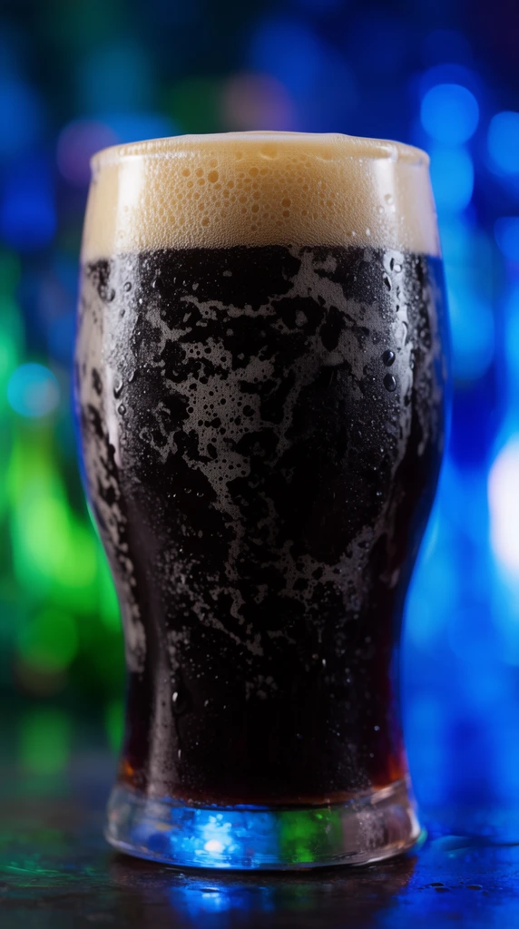 dark stout beer in a curved glass, thick creamy foam lacing on inner walls, condensation droplets, blurred vibrant neon blue and green bokeh background, shallow depth of field, atmospheric lighting