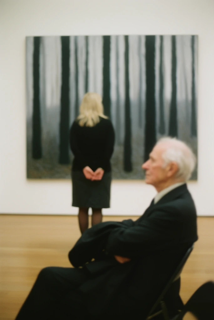 A soft-focus candid photograph inside an art gallery with smooth wooden floors and stark white walls. In the blurred foreground right, an elderly man with white hair sits in profile on a black folding chair, his arms crossed over a dark suit jacket. In the midground, a blonde woman in a black long-sleeved top and dark skirt stands with her back to the viewer, hands clasped behind her. She observes a massive painting of stark, dark vertical tree trunks against a misty grey background. A heavy selective blur permeates the composition, creating a dreamy, vintage film aesthetic with a muted color palette.