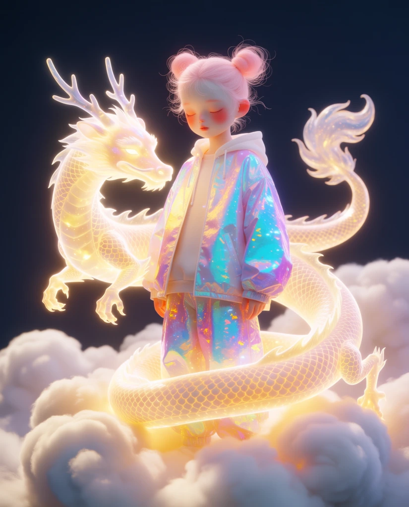 A stylized 3D rendering of a serene figure standing amidst fluffy white clouds alongside a glowing translucent dragon. The youth features pale skin, flushed rosy cheeks, fine pink hair gathered into wispy spherical buns, and delicate closed eyes. They wear an oversized iridescent jacket and trousers speckled with vivid cyan, magenta, and yellow holographic flakes. Winding around their legs is a radiant ethereal dragon composed of soft yellow light, featuring a reticulated scale pattern, branching antlers, and a curling tufted tail. The subjects rest on voluminous clouds illuminated by warm rim lighting against a smooth dark navy background. The composition emphasizes subsurface scattering, soft bloom effects, and a dreamy luminous pastel palette.