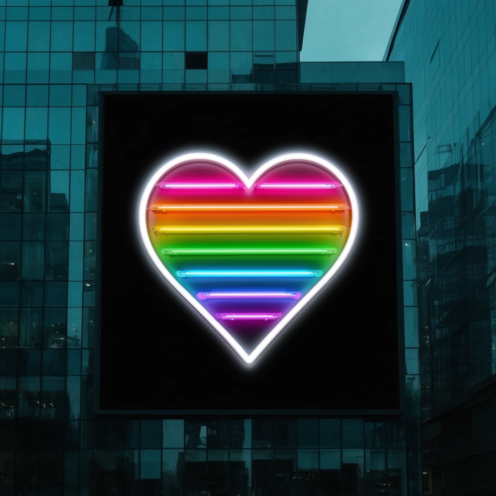 A large, square, black digital billboard mounted on a modern glass skyscraper displays a glowing neon heart. The thick white luminous outline of the heart contains a stack of horizontal neon tubes in a vibrant rainbow gradient of pink, orange, yellow, green, blue, and purple. The vivid, glowing colors contrast sharply against the deep black background of the sign and the moody atmosphere of the urban setting. The surrounding architecture features geometric teal glass windows reflecting the dusk sky, creating a cold, cinematic backdrop that emphasizes the bright, radiant warmth of the neon heart.
