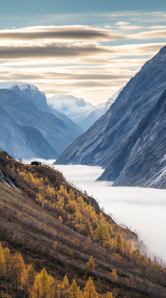 A deep mountain valley blanketed by a dense sea of flat white fog. Steep, rugged slopes frame the composition. The left hillside features golden-yellow autumn trees, bare scrub, and a solitary dark cabin on a ridge. Massive rocky mountains rise dramatically, receding toward distant snow-capped peaks. Horizontal bands of luminous clouds fill a soft blue sky. High-resolution landscape photography captures cool rock faces contrasting with warm foliage, using a wide depth of field to emphasize vast scale.