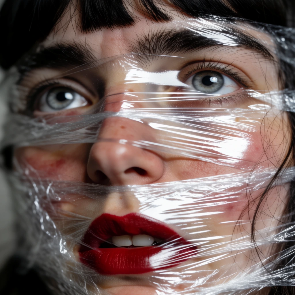 An extreme close-up captures a person's face tightly covered in several layers of clear, thin plastic wrap. The subject possesses dark, straight-cut bangs that rest just above thick, dark eyebrows. Their large eyes, light gray or icy blue in color, look slightly upward and to the left with a glassy appearance. The plastic film is stretched taut across the facial features, creating horizontal bands of white reflections and highlights. One layer of the wrap crosses over the bridge of the nose, slightly flattening it, while another layer stretches across the slightly parted lips, which are painted with a bold, deep red lipstick. Small white teeth are visible through the opening of the mouth. Individual strands of dark hair are pressed against the skin under the film. The skin itself displays natural texture and areas of redness on the cheeks and nose. The lighting is soft, yet it produces a high-contrast glare on the synthetic material, emphasizing its crinkled texture against the soft features. The framing is tight, focusing exclusively on the eyes, nose, and mouth, with a dark, indistinct background that keeps the focus entirely on the subject.
