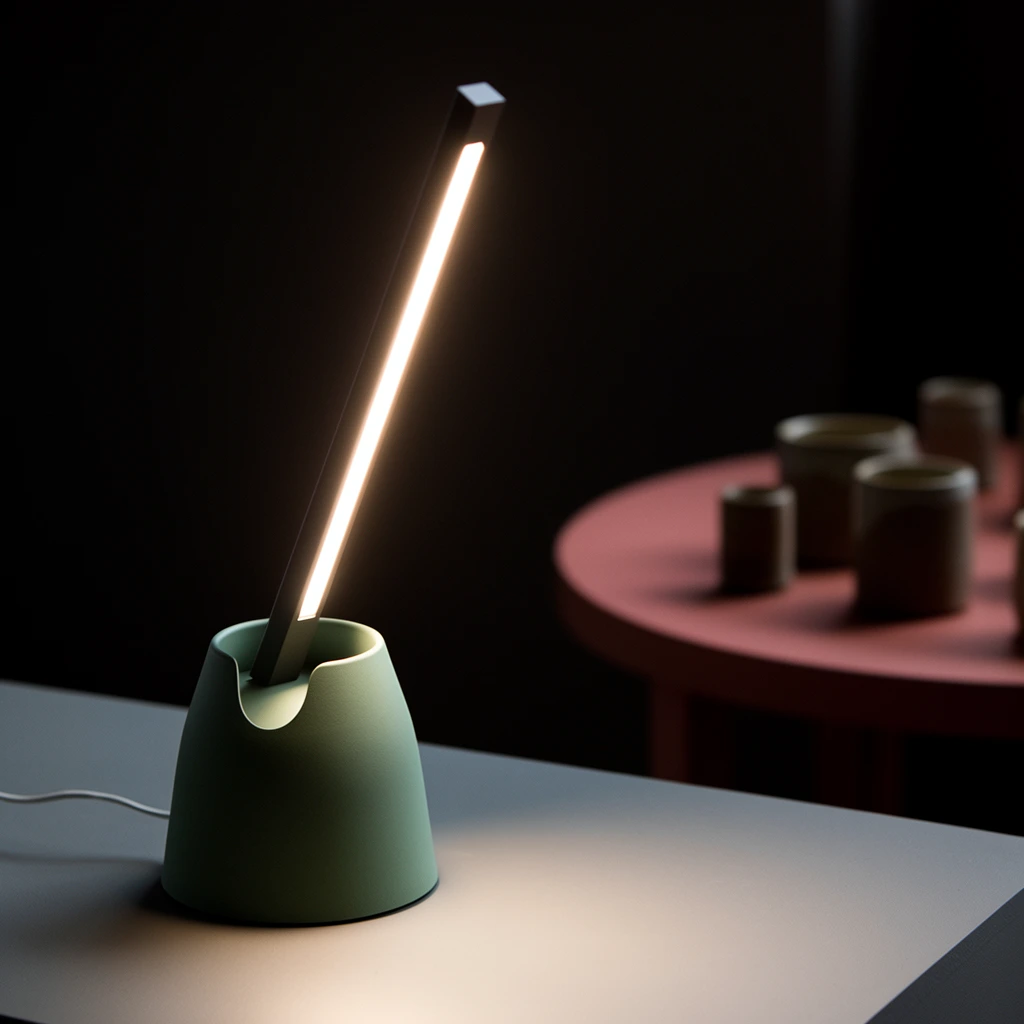 A minimalist desk lamp rests on a smooth light gray surface in a dark room. The lamp features a matte sage green bell-shaped base with a distinct cutout near the top. A sleek, angled rectangular dark rod extends upward from the base, containing a bright LED strip on its underside that casts a warm, intense light downward. A thin white cord trails from the back. The bright glow heavily contrasts with the deep shadows in a low-key lighting setup. In the blurred background, a salmon-pink table holds several small, cylindrical ceramic vessels. The composition emphasizes the contemporary industrial design and matte textures of the lamp against the moody atmospheric background, captured with a shallow depth of field.