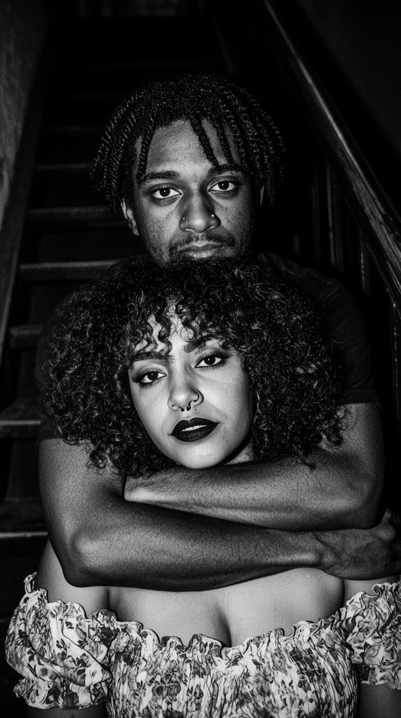 A high-contrast black and white portrait captures a man embracing a woman from behind on a darkened staircase. The man features short twists and a nose stud, his arms wrapped securely across the woman's collarbone. The woman has voluminous curly hair, a nose ring, dark lipstick, and wears a ruffled off-the-shoulder floral top. Both maintain a direct, intense gaze into the lens. Harsh frontal flash lighting, tight cropping, deep shadows, and coarse film grain highlight pronounced skin textures. Blurred stair treads and a slanted handrail recede into the stark black background, anchoring the raw, gritty composition.