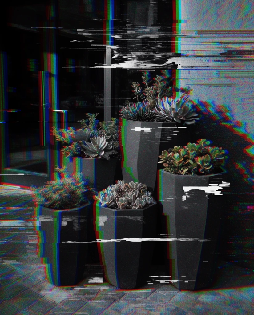 Five tall, faceted planters containing assorted succulents and small plants sit on a paved surface in front of a building with glass doors and a wall. The scene is heavily heavily processed with a dark digital glitch aesthetic, defined by severe RGB chromatic aberration that splits the edges of the geometric planters, foliage, and architecture into striking cyan, red, green, and blue halos. The high-contrast, moody monochrome foundation is violently disrupted by horizontal data corruption, featuring jagged pixel displacement, sharp white horizontal tearing lines, and erratic tracking static. Dense scanlines, digital noise, and color bleeding warp the background and the paved ground, creating a corrupted, retro-futuristic VHS transmission texture across the entire composition.