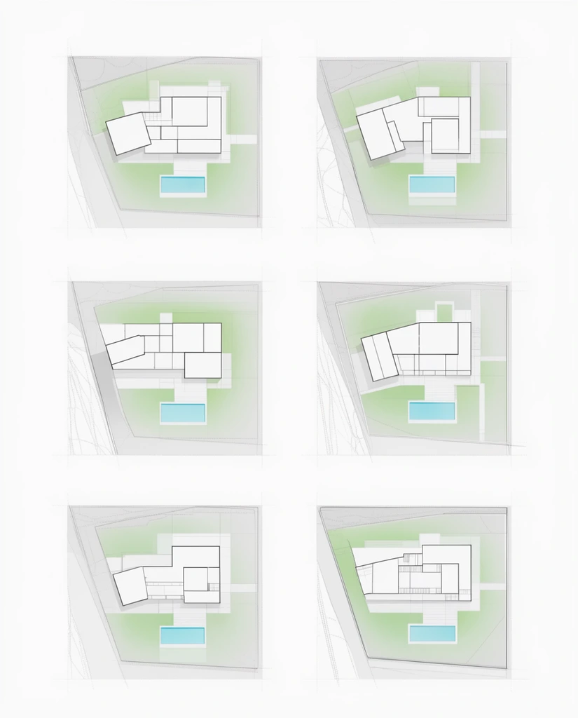 Six minimalist architectural floor plans arranged in a crisp white grid. Precise thin black drafting lines define geometric building footprints and angular boundaries. Soft pastel green gradients highlight landscaping against pale gray terrain, accented by bright cyan pool rectangles. The flat orthographic diagrams feature subtle dashed construction lines, creating a clean technical aesthetic.