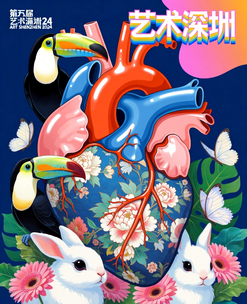 A vibrant digital illustration features a large, stylized anatomical heart at its center, rendered with high-gloss surfaces and surrounded by exotic birds, rabbits, and tropical foliage. The lower half of the heart is deep blue and decorated with an intricate pattern of white and pink peonies and green leaves, while bright orange arterial branches crawl across its surface. The upper sections of the heart consist of smooth, tube-like vessels in solid glossy orange and blue, accompanied by lumpy, pale pink chambers. Two toucans are perched on the left side; the upper bird has black plumage, a white throat, and a large beak striped with orange, yellow, and blue, while the lower bird features a green and dark red beak. At the bottom, two fluffy white rabbits with large black eyes sit amidst a cluster of pink gerbera daisies and lush green Monstera leaves. Small, light blue butterflies flutter among the leaves on the right. The background is a solid dark blue, accented in the top right corner by an abstract, layered pink and orange shape. In the upper left corner, small white text reads "第五届艺术深圳24" and "ART SHENZHEN 2024". In the upper right corner, large, blocky, stylized characters in pink, yellow, and blue layers read "艺术深圳". The artwork uses a surrealist pop-art style with saturated colors, sharp focus, and smooth 3D rendering that produces distinct white specular highlights on the heart's plasticky surfaces.